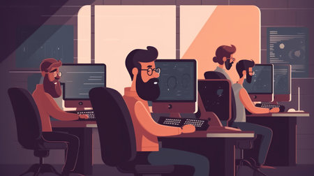 People working on computers in office. Vector illustration in flat cartoon styleの素材