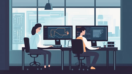 Programmers working on computers in the office. Vector illustration in flat styleの素材