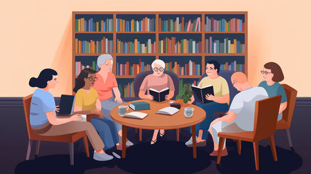 Group of people sitting at table and reading books in library, vector illustrationの素材