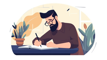 Bearded man writing in notebook at home. Vector illustration in flat styleの素材