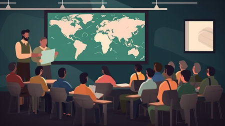 Teacher and students in classroom vector illustration. Cartoon teacher and students in classroom, teacher and students with world map on blackboard.の素材