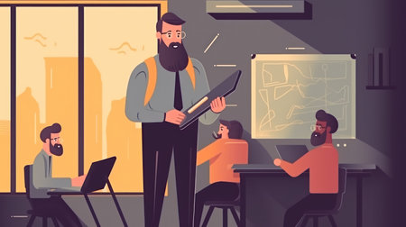 Teacher and students in classroom. Education and learning concept. Vector illustrationの素材