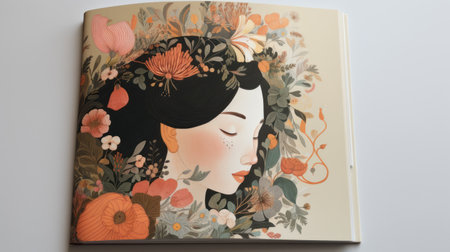 Beautiful Japanese girl with a flower pattern on the cover of a bookの素材