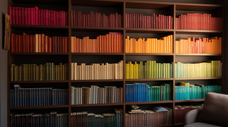Bookshelves with books in library, closeup. Interior designの素材