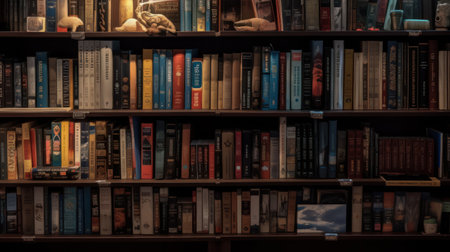 Bookshelf with books in the library. Selective focus.の素材