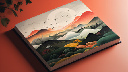Illustration of a book with a landscape design on a red backgroundの素材