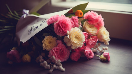 Bouquet of pink and yellow carnations on a wooden tableの素材