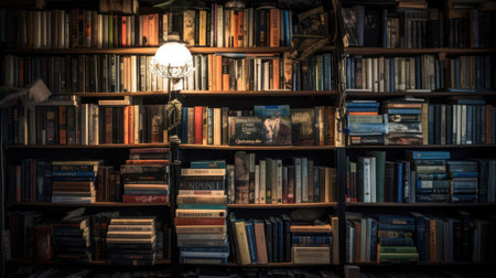 Old bookshelf with books and lamp in a dark room.の素材