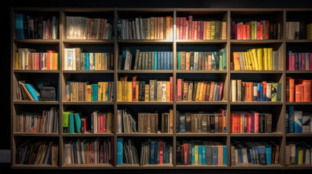 Bookshelves with books in the library. Selective focus.の素材
