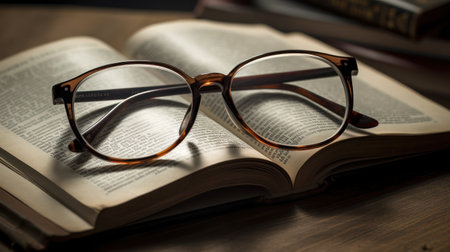 Glasses and books on a wooden table. Selective focus.の素材