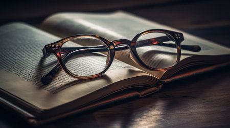 Glasses on an old book on a wooden table. Shallow depth of fieldの素材