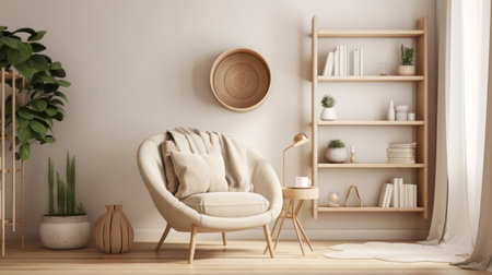 Living room interior with armchair and bookshelf, 3d renderの素材