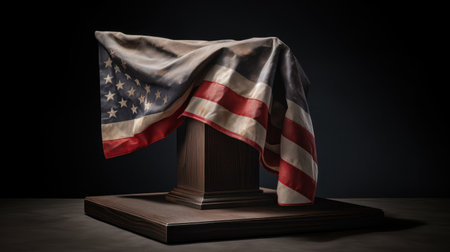 American flag draped over a wooden coffin. 3D Rendering.の素材