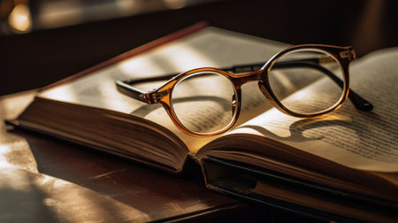 Glasses on an open book in the light of the setting sunの素材
