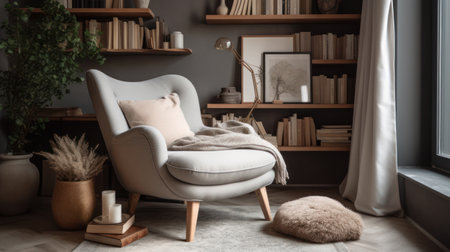 Comfortable armchair and bookshelf in living room at homeの素材