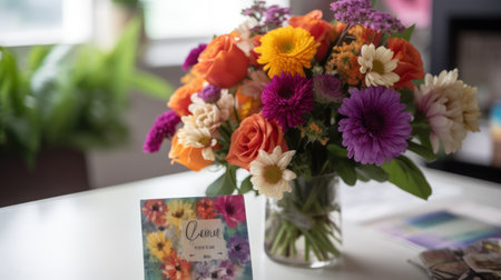 Bouquet of colorful flowers in vase on the table.の素材
