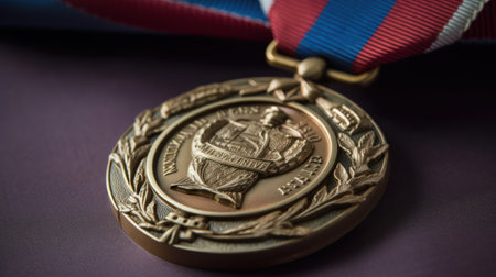 Bronze medal with red and blue ribbons on a dark backgroundの素材