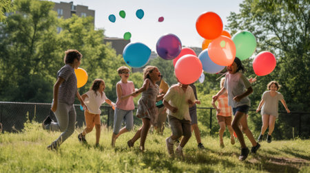 Group of happy children playing with balloons in the park. Selective focus.の素材