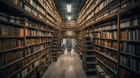 Library interior with rows of old books. 3d render illustration.の素材
