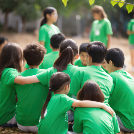 Group of children in green t-shirts sitting on ground and looking at cameraの素材