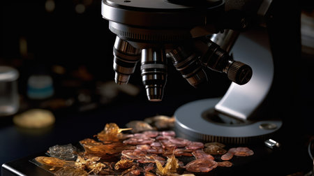 Microscope and glassware on table in laboratory, closeup. Laboratory research conceptの素材