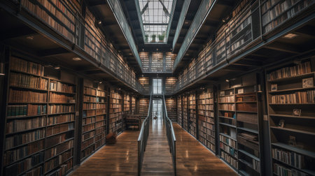 Interior of a library with bookshelves and rows of booksの素材