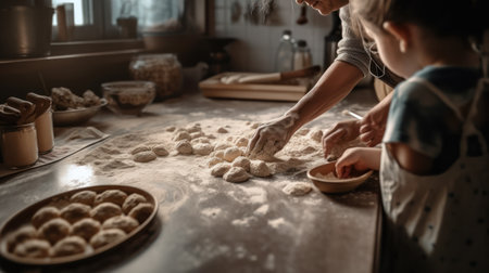 Cute little girl and her mother kneading dough in the kitchenの素材