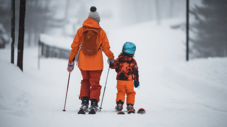Little boy skiing with his mother on a snowy day in the mountainsの素材