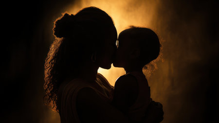 Silhouette of a mother kissing her daughter on a dark backgroundの素材