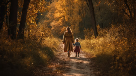 Mother and daughter walking in the autumn forest. Beautiful nature scene.の素材