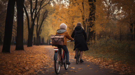 Two girls riding a bicycle in the autumn park. Rear view.の素材