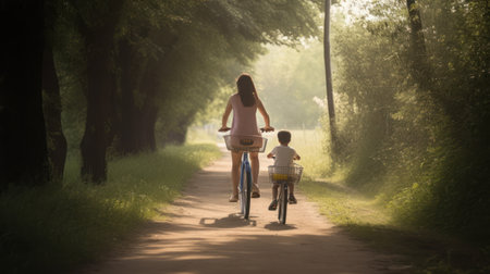 Mother and son riding a bicycle in the park on a sunny dayの素材