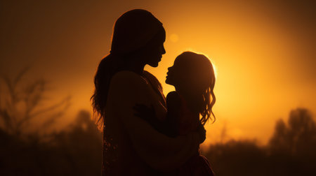 Silhouette of mother and daughter hugging each other on sunset backgroundの素材