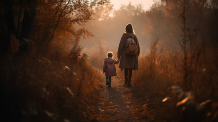 Mother and daughter walking in the autumn forest at sunset, back viewの素材