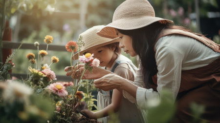 Mother and daughter planting flowers together in the garden. Happy family concept.の素材