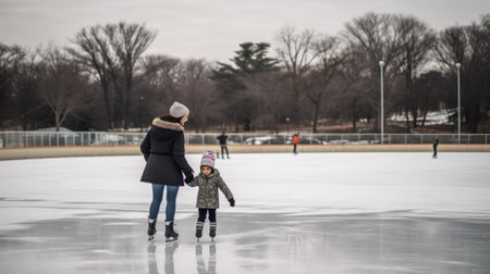 Mother and daughter ice skating on a frozen lake. Winter season.の素材