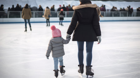 Rear view of mother and daughter skating on ice rink in winterの素材
