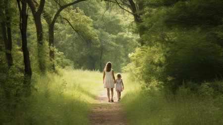 Mother and daughter walking in the forest. Happy family walking in nature.の素材