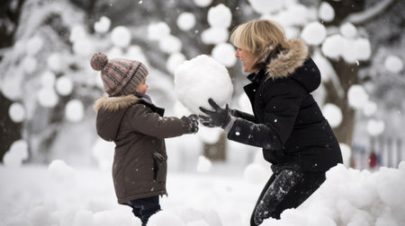 Mother and son playing with snowballs in winter park, focus on girlの素材