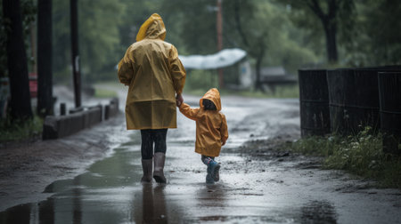 Cute little boy and his mother in raincoat walking in the rain.の素材