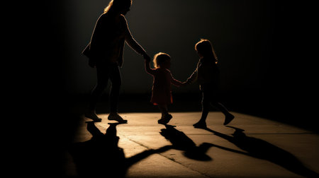 Silhouette of mother and daughter holding hands on dark background.の素材