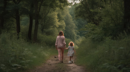 Young mother and her little daughter walking in the summer forest. Happy family concept.の素材