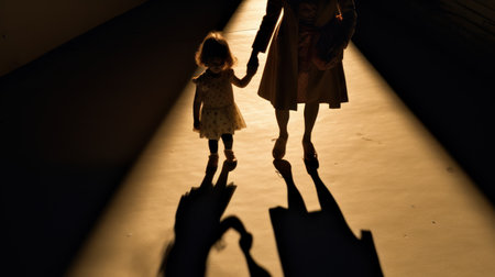 silhouette of mother and daughter walking in the corridor at nightの素材