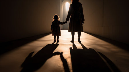 Silhouette of mother and daughter walking in the hallway at nightの素材