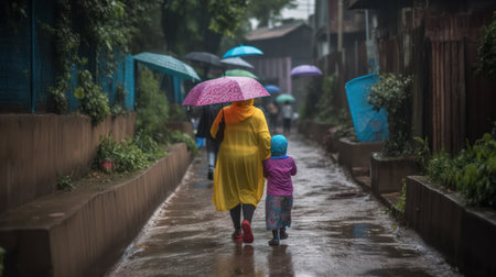 Mother and daughter walking in the rain in Bali, Indonesia.の素材