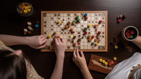 Top view of kids playing wooden board game on wooden table, closeupの素材