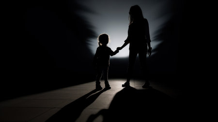 Silhouette of a mother and her little daughter walking in the darkの素材