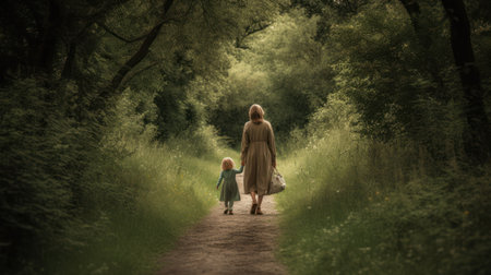 Mother and daughter walking in the forest. The concept of family values.の素材