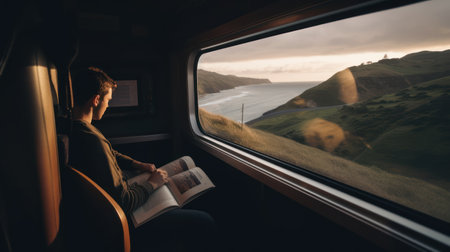 Young woman reading a book in a camper van at sunset. Traveling by car concept.の素材