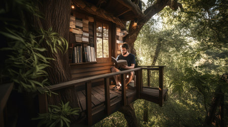 Young man reading a book in a wooden house in the forest.の素材